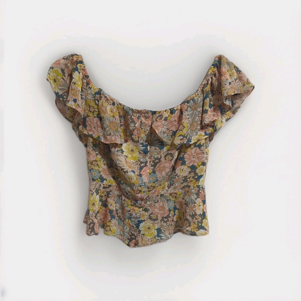 essue Floral off the shoulder ruffle blouse womens S cottagecore romantic boho